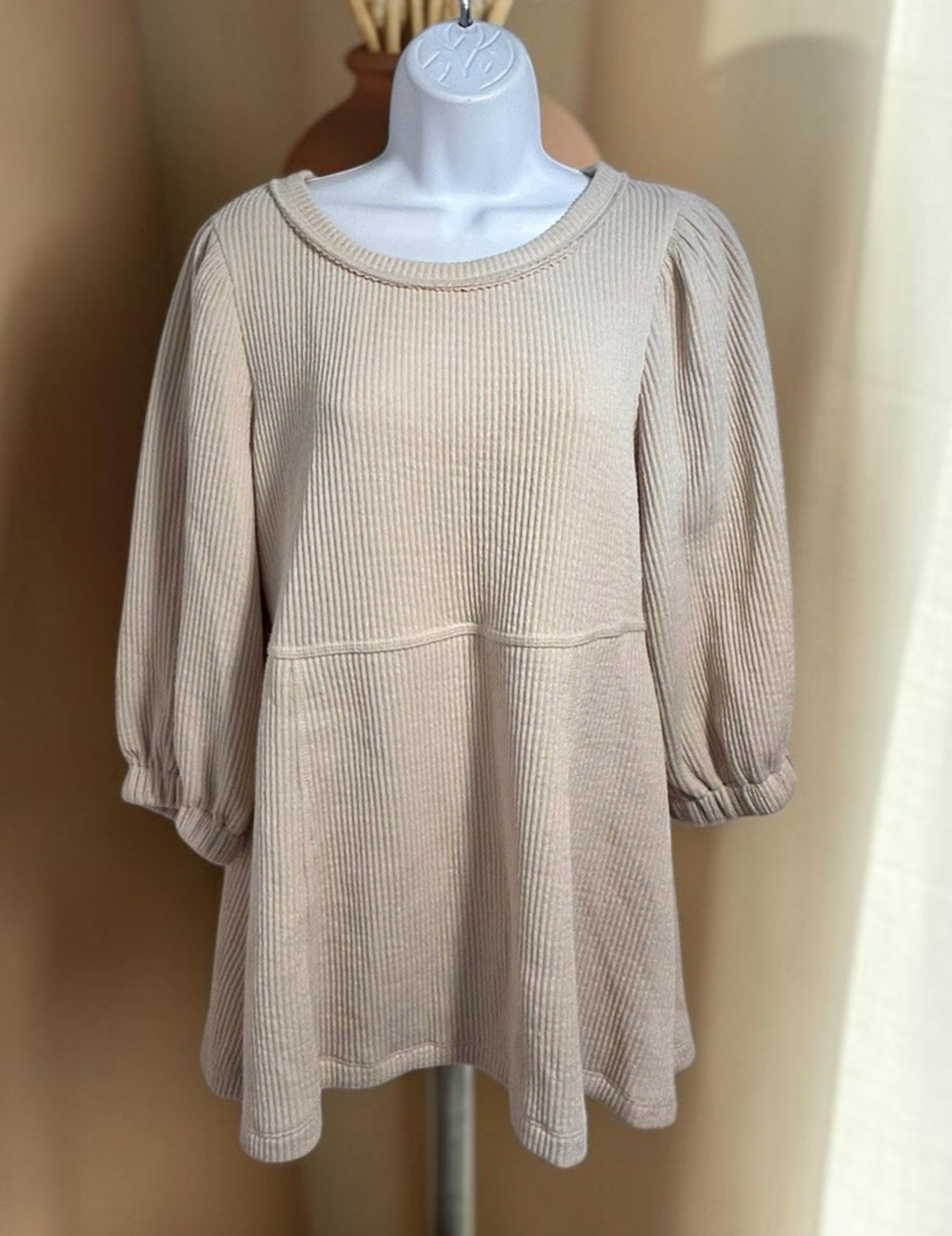 Blu Pepper Short Dress Sz Large Beige Ribbed Long-Sleeve Coastal Cowgirl Western